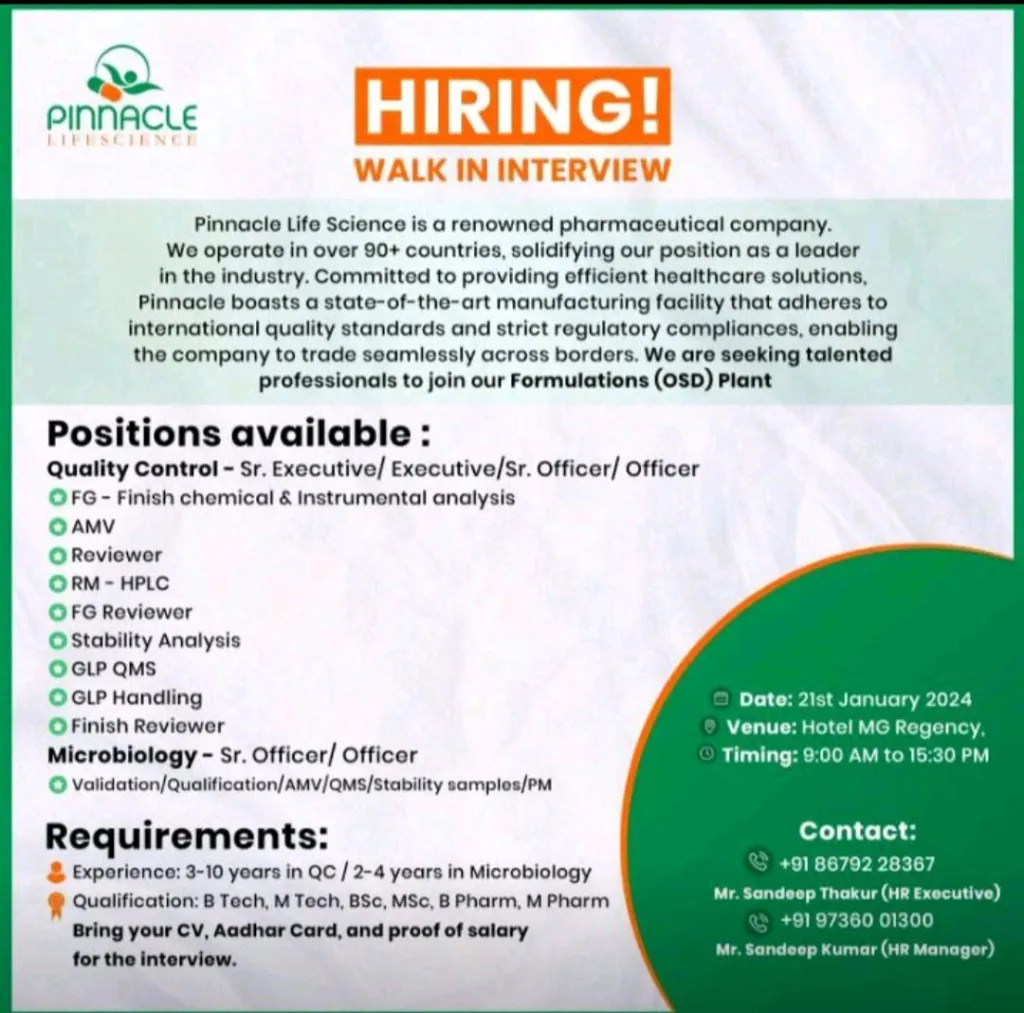 Pinnacle Life Science - Walk-In Interviews for Multiple Positions on 21st Jan 2024